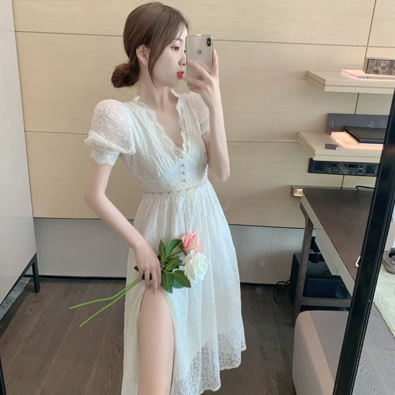 

Fashion Summer Casual Streetwear Midi Dress Ladies Elegant Sweet Vintage Sexy V-Neck Lace Embroidery Split Beach Vacation Dress