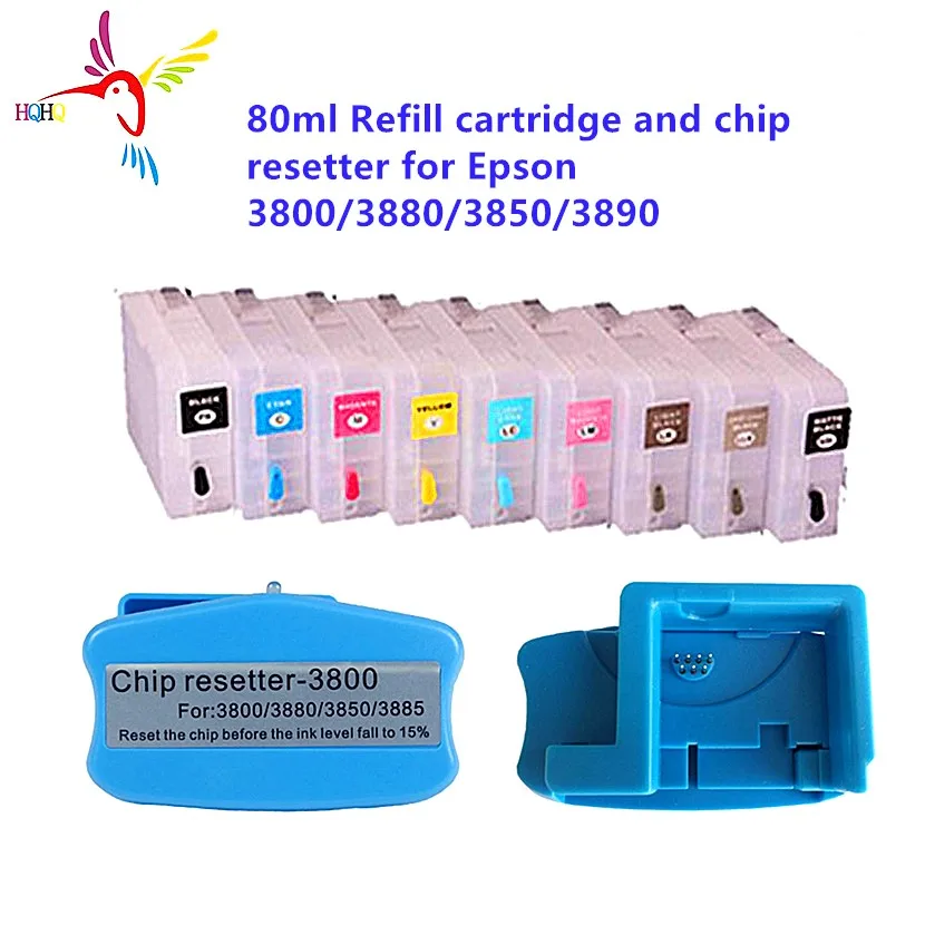 9pcs 80ml Refillable Cartridge with Chip Sensor and 1Pc Resetter for Epson 3800/3880/3850/3890 Printer 3800  Printing System