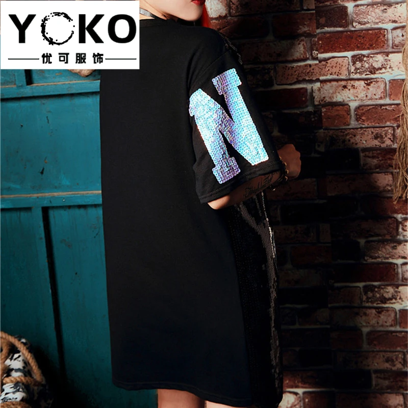 YOKO женская уличная Повседневная Свободная Блестящая футболка с круглым вырезом плюс размер платье с коротким рукавом Микки Минни Маус мультфильм клуб платья