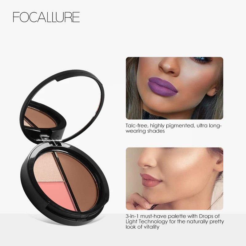 FOCALLURE Face 3 in 1 Palette Bronzers and Highlighters Makeup Blusher Shimmer Llluminator Contouring Cosmetics | Красота и здоровье