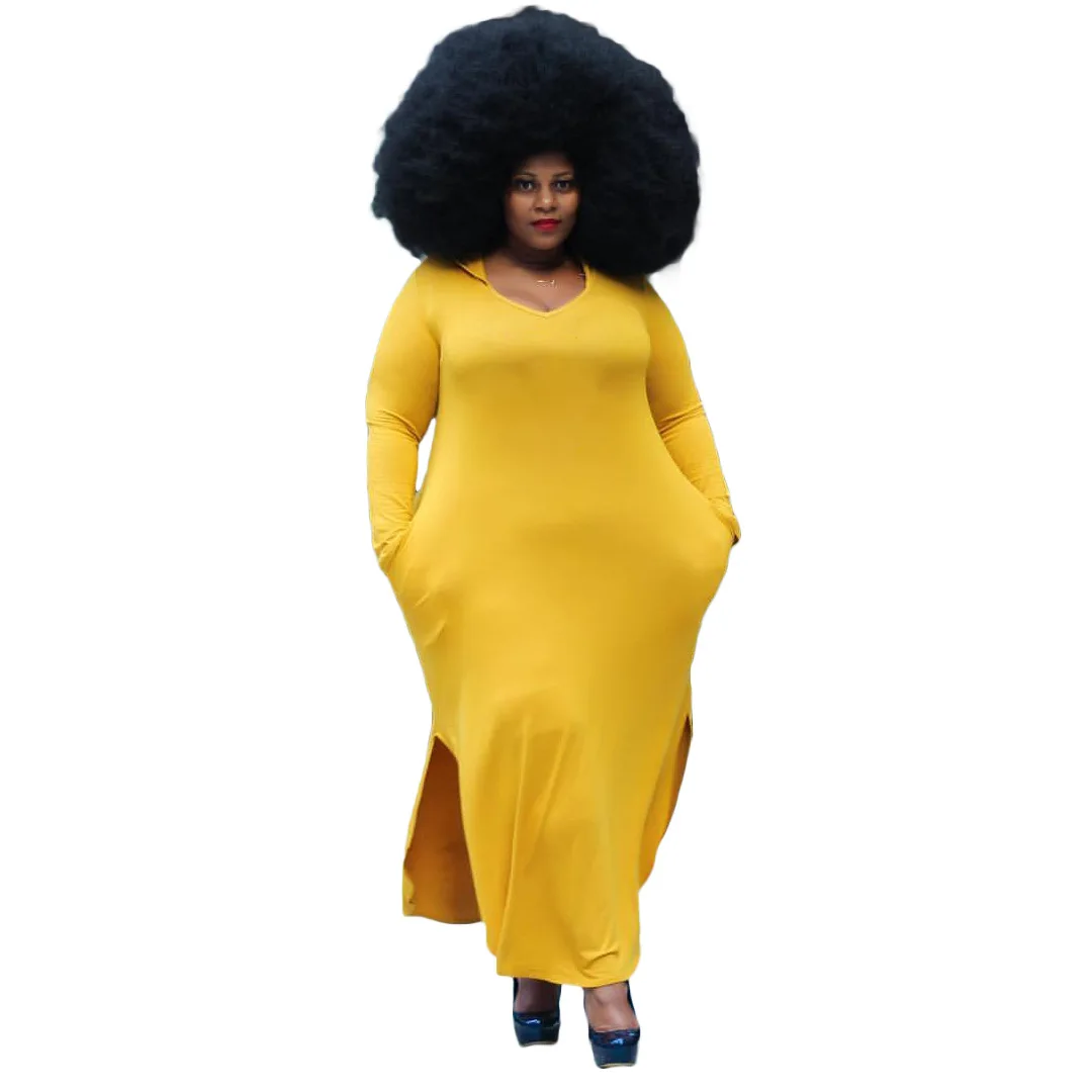 

Yellow Hoodie Full Sleeve Maxi Dress with Pocket One Piece Outfit Casual Holiday Wear New Chic Autumn Clothing Plus Size 4XL