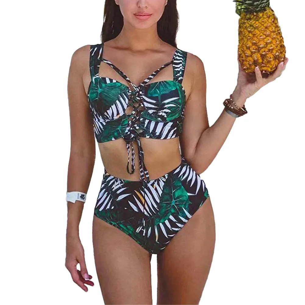 Купальник Meihuida с высокой талией бикини принтом листьев женский купальник