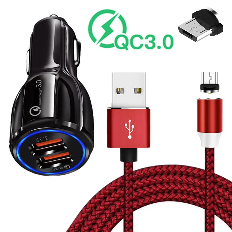 Автомобильное зарядное устройство 18 Вт с магнитным кабелем Micro usb для Samsung A10 Huawei