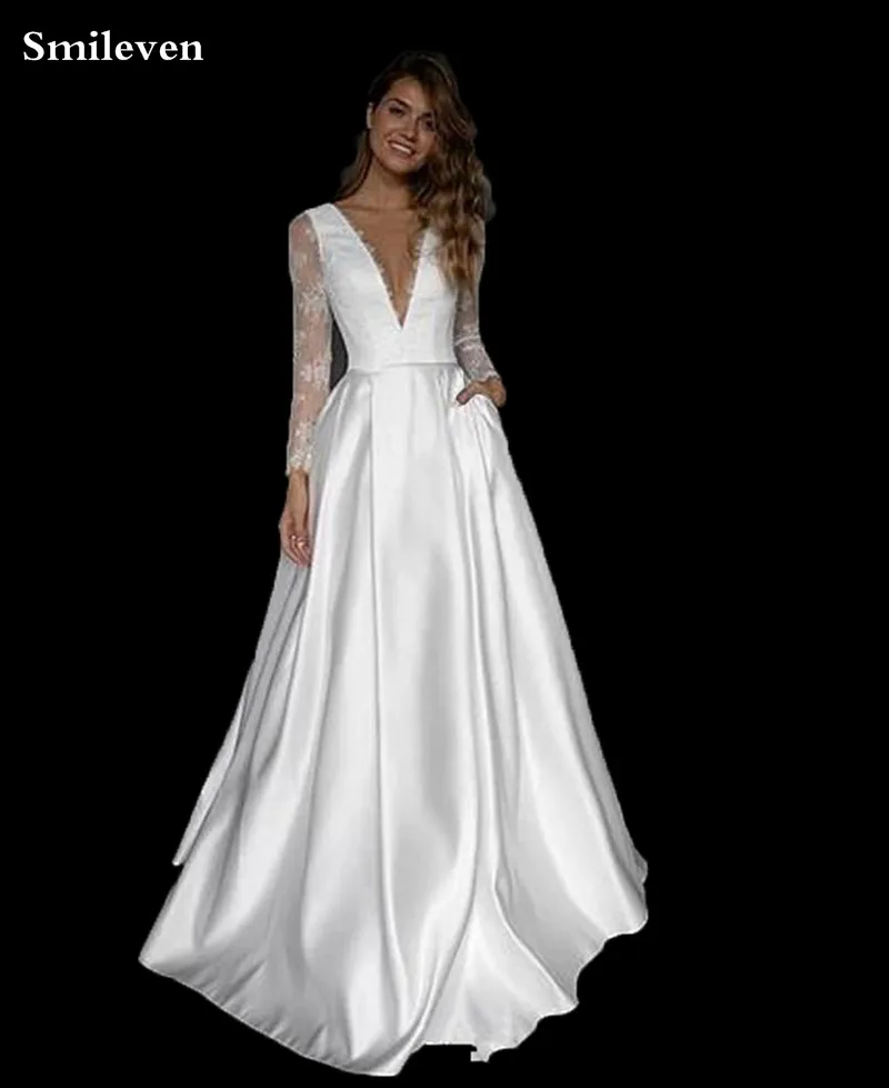 Кружевное свадебное платье Smileven с длинным рукавом 2020 ТРАПЕЦИЕВИДНОЕ атласное