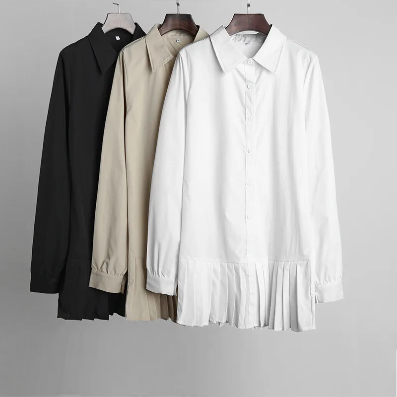 

hirigin Autumn Long Sleeve White Pleated Shirt Dress Women Casual Turn Down Collar Mini Dress Button Lady A Line Office Vestidos