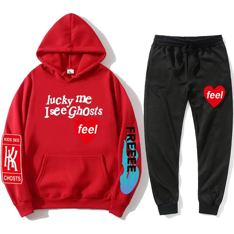 

Men's Harajuku Polar Fleece Street Dance Stranger Things Hoodie Set Kanye West Graffiti Printed Fleece Sweatshirt + Sweatpants