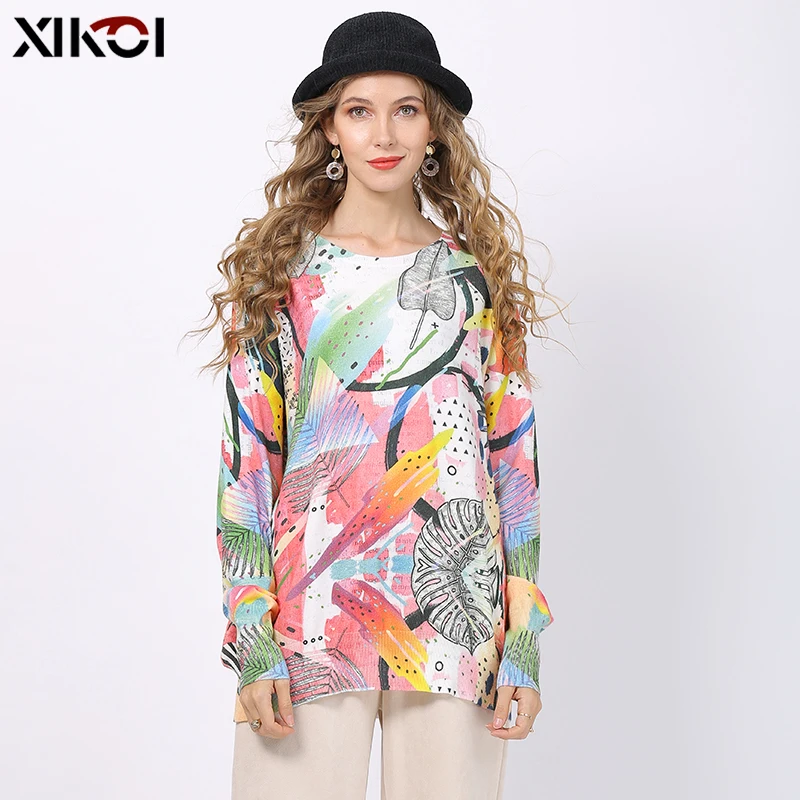 Женское вязаное платье-свитер с абстрактным принтом свободный свитер длинным