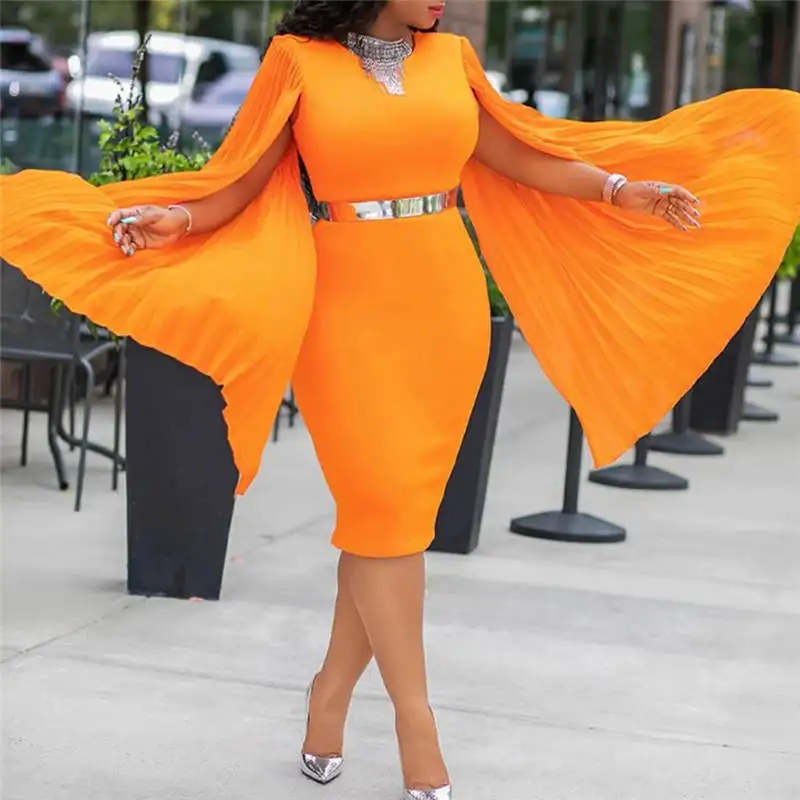 Женское оранжевое платье с длинным рукавом, вечернее облегающее платье-карандаш средней длины с высокой талией, элегантные платья для женщ...
