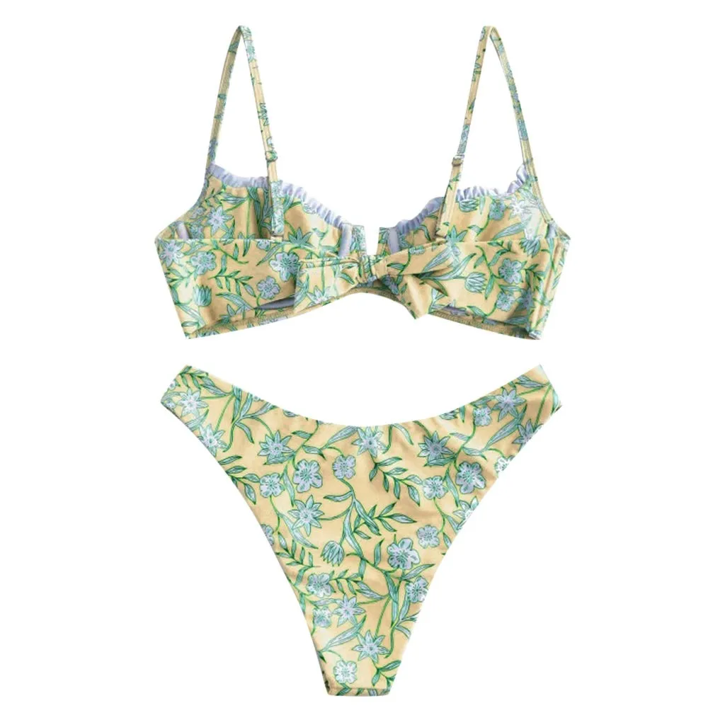 

Women Flower Print High Cut V Neck Two Pieces Bikini Swimwear Swimsuit Beachwear Women Print Swimwear Beachwear