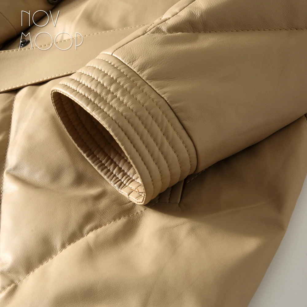 

Novmoop genuine leather sheepskin women white goose down coat French chic and elegant style for winter LT3332