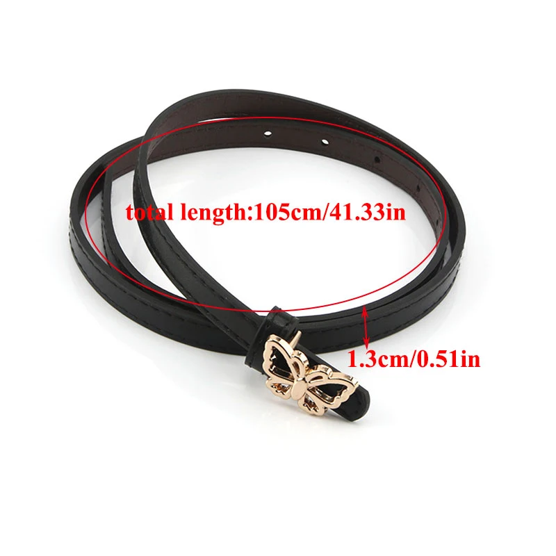 

Simple Butterfly Buckle Belt Skinny Metal Gold Elastic Buckle Waistband Thin Belt Dress Accessories Women PU Leather Belt