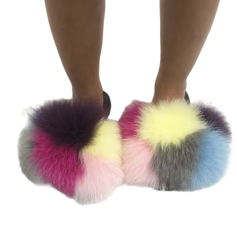 Женские шлепанцы из натурального Лисьего меха на плоской подошве|Тапочки| |
