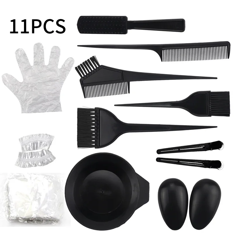 

11pcs/set Hair Color Mixing Dye Kit Hair Clips Dyeing Brushes Tint Comb Mixing Bowl Ear Covers Gloves Hair Styling Accessories