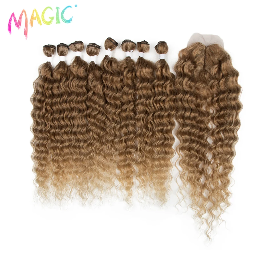 Magic Synthetic Hair Extensions Water Wave Hair Bundles With Closure Curly Hair 20 Inch 9Pcs/Pack High Temperature Fiber Cosplay