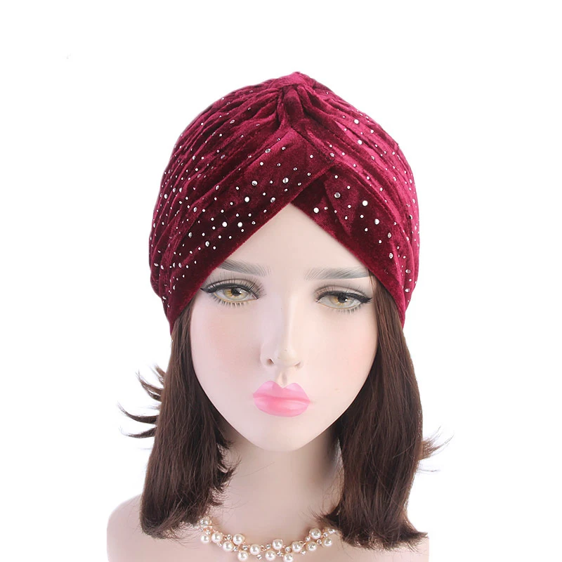 

Shiny Women Muslim Hijab Rhinestone Velvet Turban Hat Scarf Twist Knotted Headband Headwrap Indian Hats Muslim Hijab Turbante