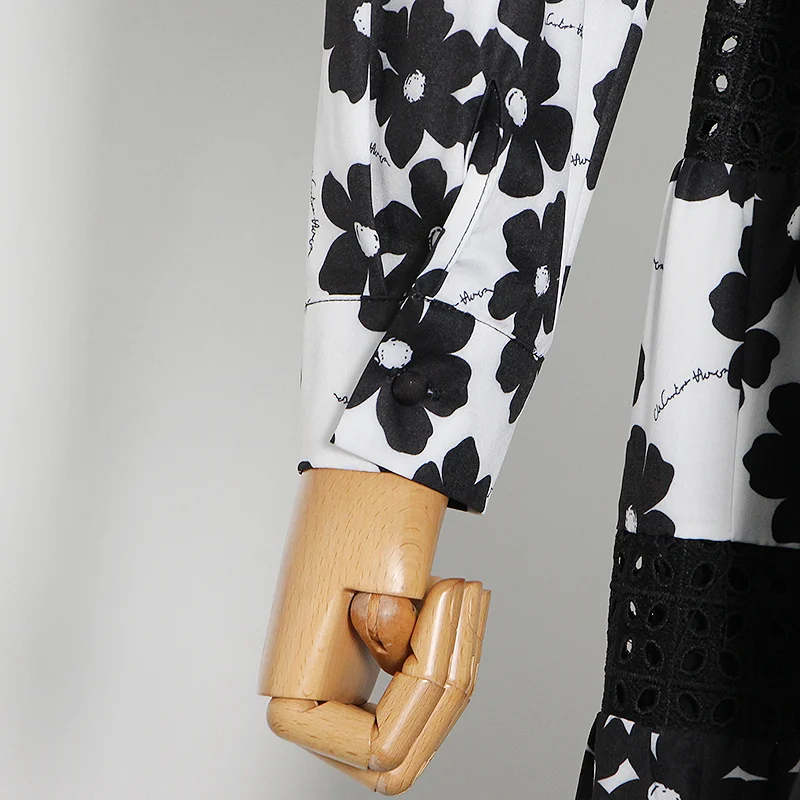 

VGH Patchwork Printed Floral Dress For Women Turtleneck Long Sleeve High Waist Maxi Elegant Dresses Female 2020 Fall Fashion New