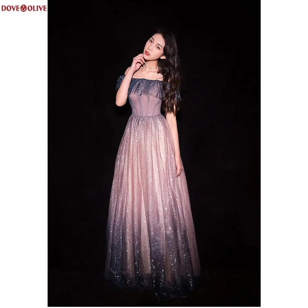 

Stock Sparkle Prom Dresses Cheap 2020 Blue Pink Sequin Bling Long Elegant Off Shoulder Sleeveless Graduation Gown Evening Women