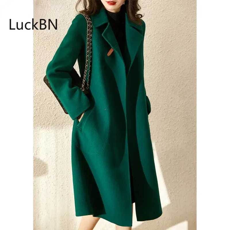 

With Lining Winter Overcoat for Women Long Wool Blends New High-end Oversize Jacket Long-sleeve Green Woolen Coat Ladies Clothes