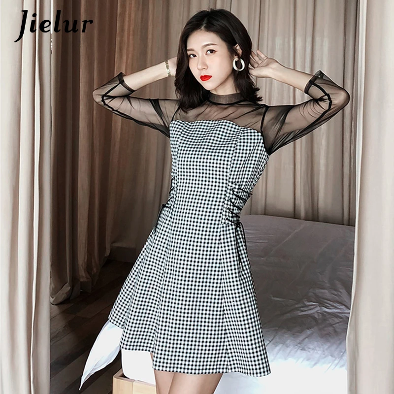 Jielur 2019 осеннее шикарное клетчатое платье с длинными рукавами Сетчатое лоскутное