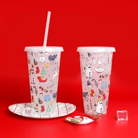 christmas color changing coffee cup with lid straw with reusable drinkware tumbler matte plastic water bottle 700ml