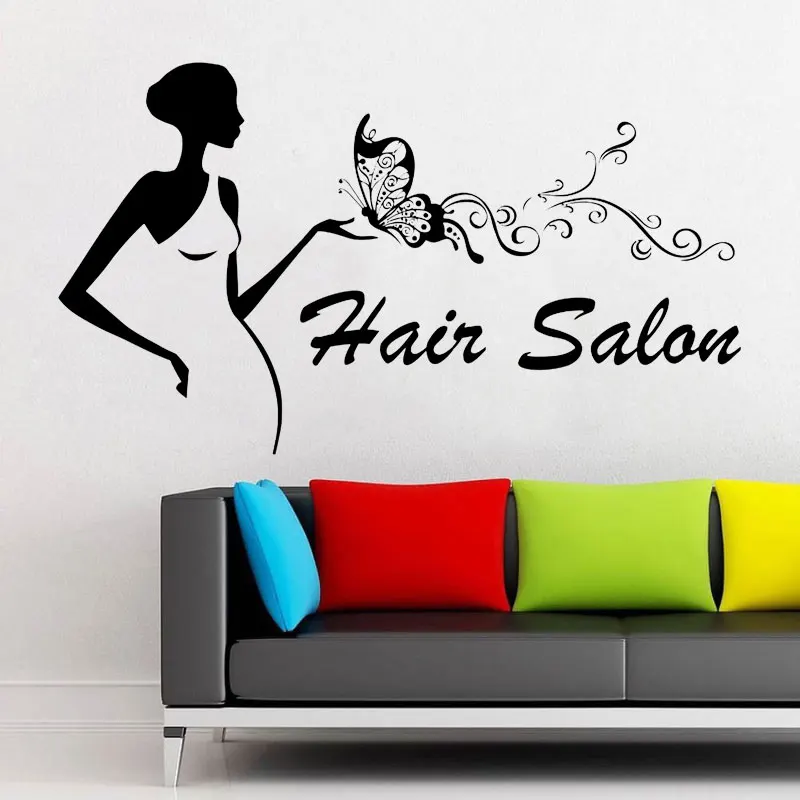 

Beauty Hair Salon Vinyl Wall Sticker Lettering Makeup Girl Woman Fashion Hairdressing Decal Butterfly Design Decor Mural A518