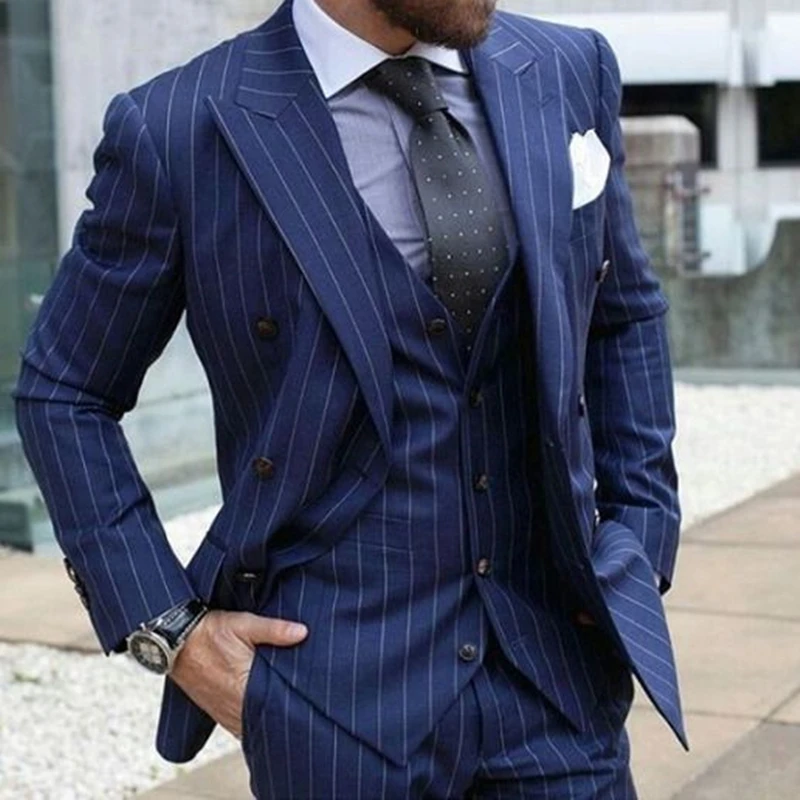 

Индивидуальное изготовление, модные высококачественные костюмы в синюю полоску, Мужской приталенный смокинг для жениха, свадебное платье, ...