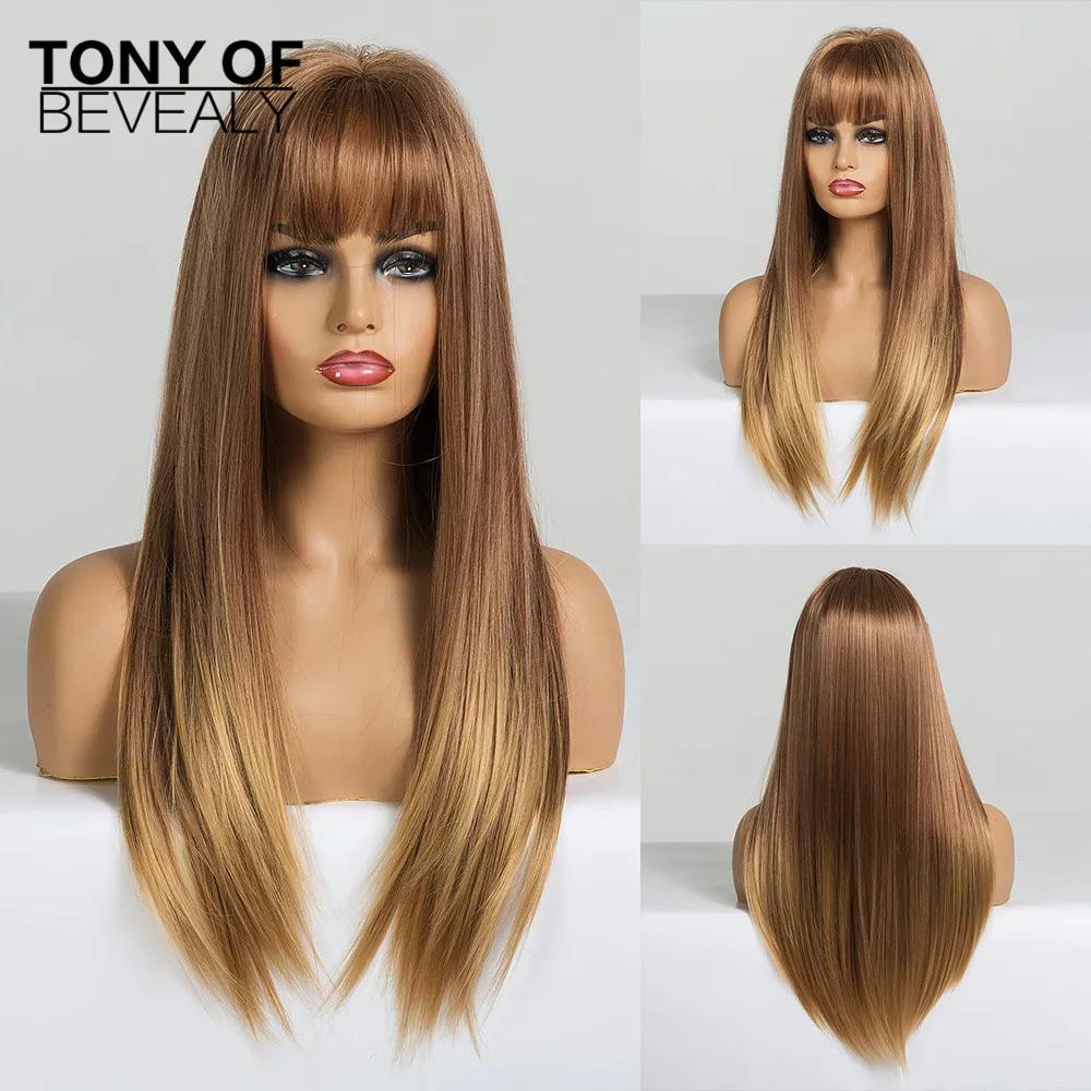 Парики с длинными прямыми волосами от коричневого до светлого омбре челкой