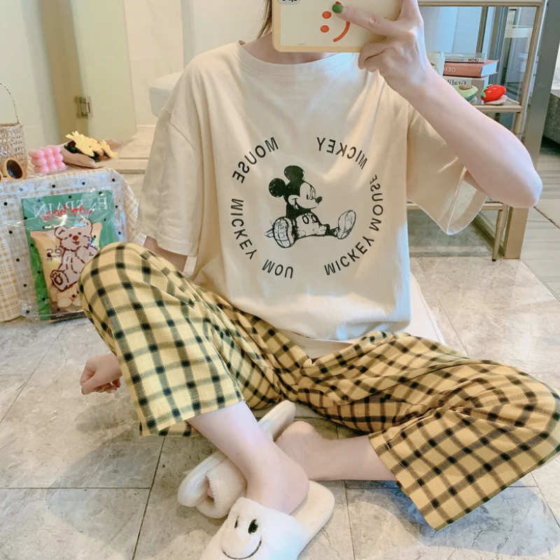 Disney Cartoon Winnie the Pooh Kawaii Pajama Sets Ladies Summer Short Sleeve Tshirt Plaid Pants Sleepwear Women Pizama Damska