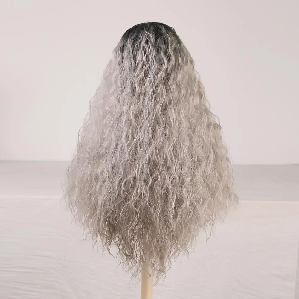RONGDUOYI Long Ombre Gray Synthetic Lace Front Wigs for Black Women Kinky Curly Wig Two Tone High Temperature Cosplay | Шиньоны и