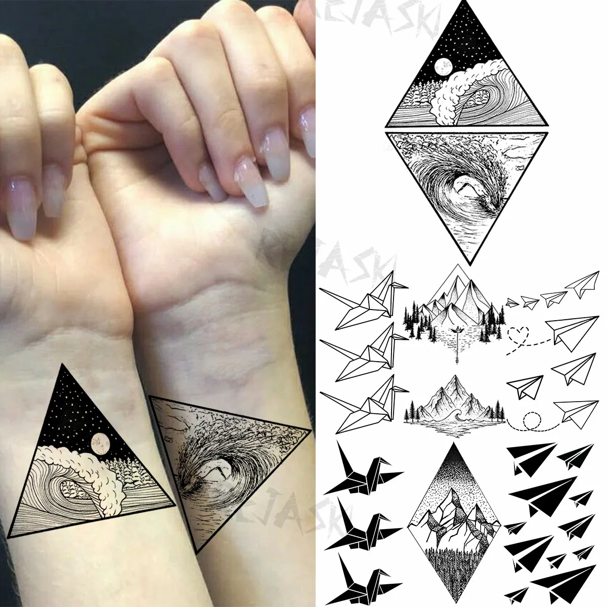 

Geometry Mountain Sea Wrist Temporary Tattoos For Women Adult Paper Crane Airplane Fake Tattoo Fashion Waterproof Tatoos Sticker