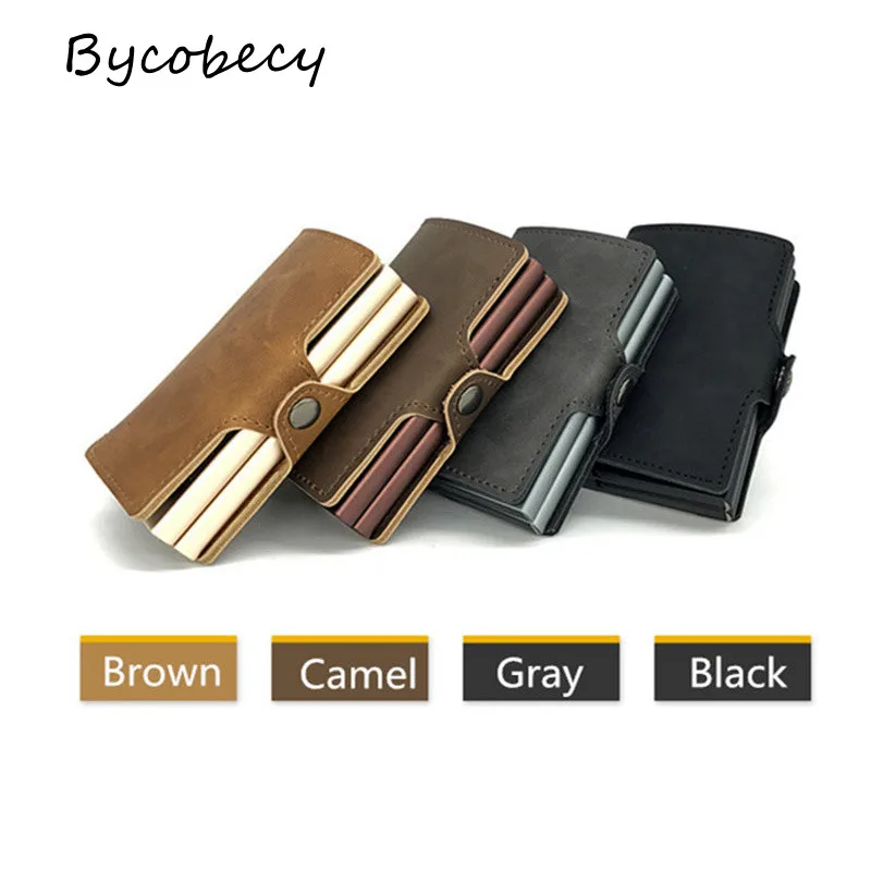 

Bycobecy Luxury Pu Leather Brand Black Magic Wallet Alumium Alloy Business Casual Men Purse Metal Double Box Card Holder Bag