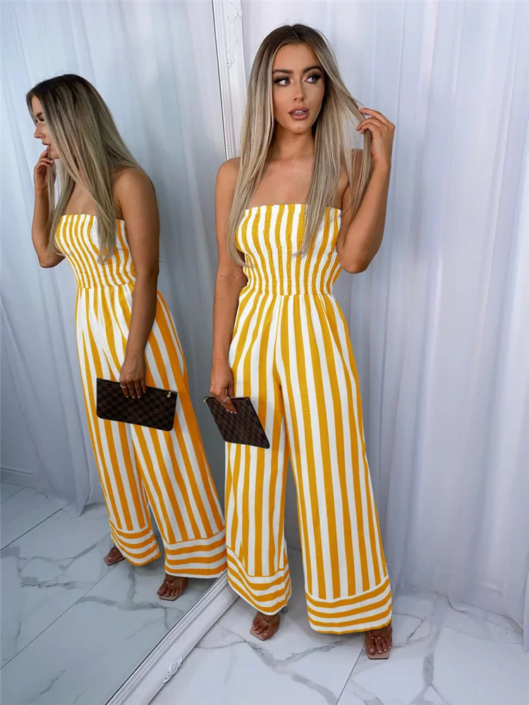 

Sexy Tube Top Women Jumpsuit Summer Casual Stripes 3D Printed Belt Work Overalls Ladies New Hot Selling Button Long Jumpsuit