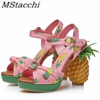 mstacchi peep toe high heeled shoes fashion pineapple fruit women heels genuine leather buckle party sandals woman novelty shoes
