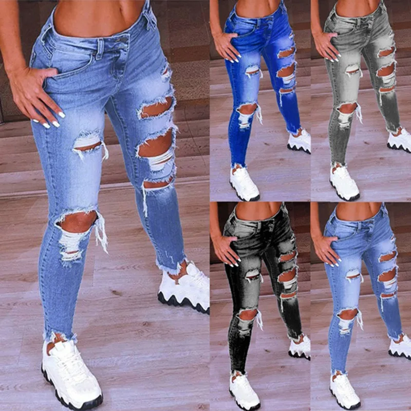 

Light Blue Ripped Jeans For Women 2021 Street Style Sexy Low Rise Distressed Trouser Stretch Skinny Hole Denim Pencil Pants