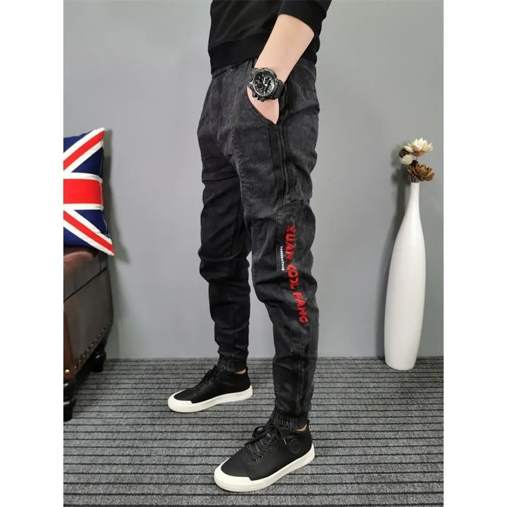 Vintage Jeans Men's Korean Fashion Pants Skinny Pants Slimming Teen Pants Male Students Winter Ankle-Tied Trousers Black Jeans