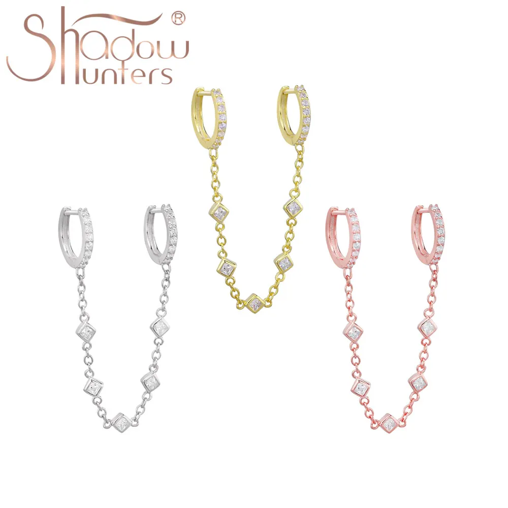 

SHADOWHUNTERS Authentic 100% 925 Sterling Silver Huggie Chain Drop Earrings With Shining Zircon CZ Women Trendy Earring Piercing
