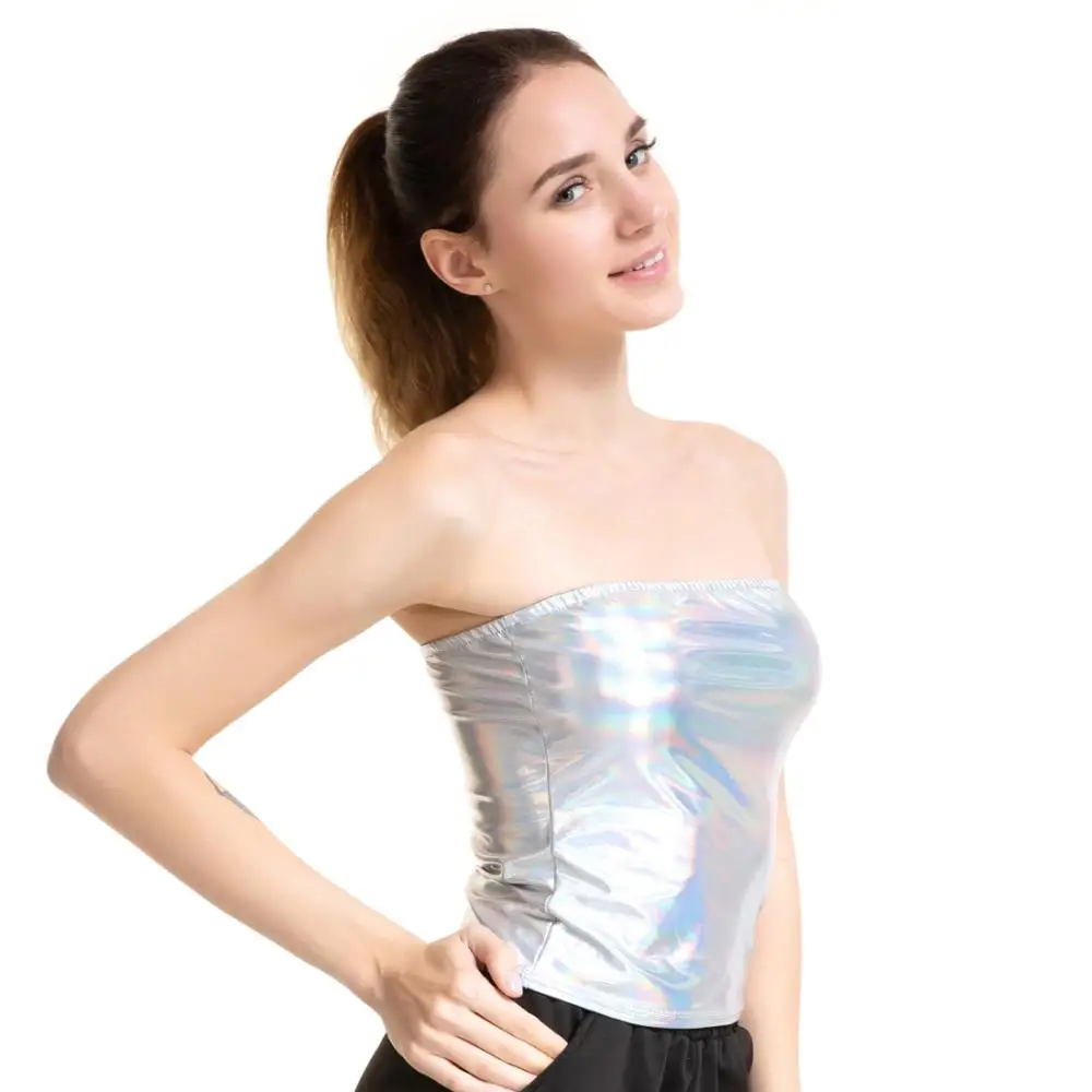 Женский эластичный Топ без бретелек блестящий укороченный топ бандо с открытыми