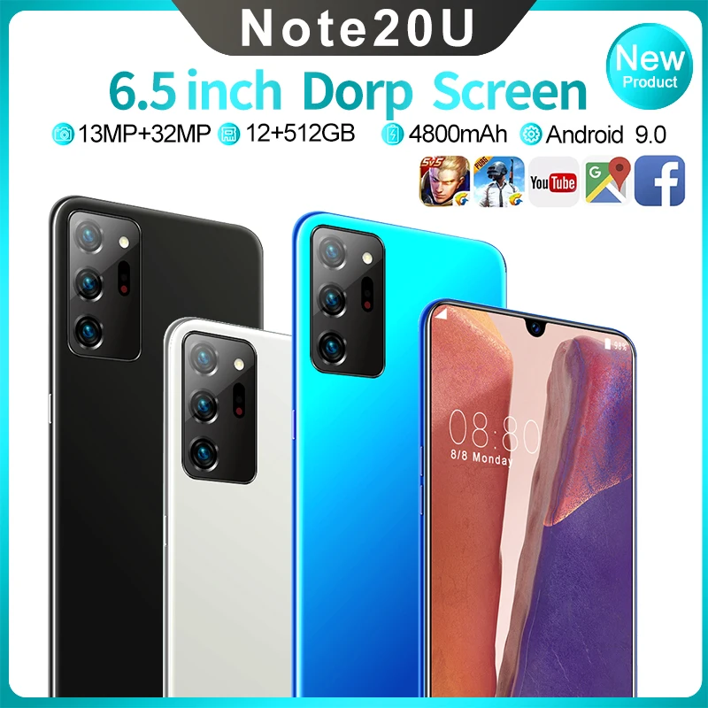 

Global Version Drop Screen Note20U Smartphone 12+512GB 4800maAh 13+32MP 6.5Inch Multi-Language Face Unlock 5G Cell Mobile Phone