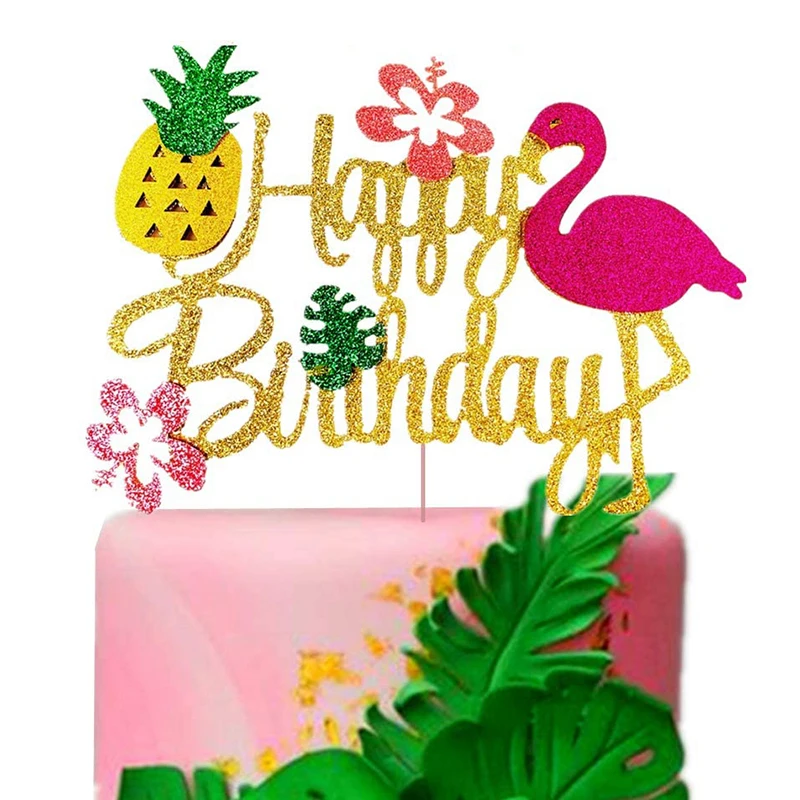 

CYUAN Flamingo Pineapple Aloha Happy Birthday Cake Decor Toppers Summer Birthday Party Cupcake Topper Hawaiian Tropical Wedding
