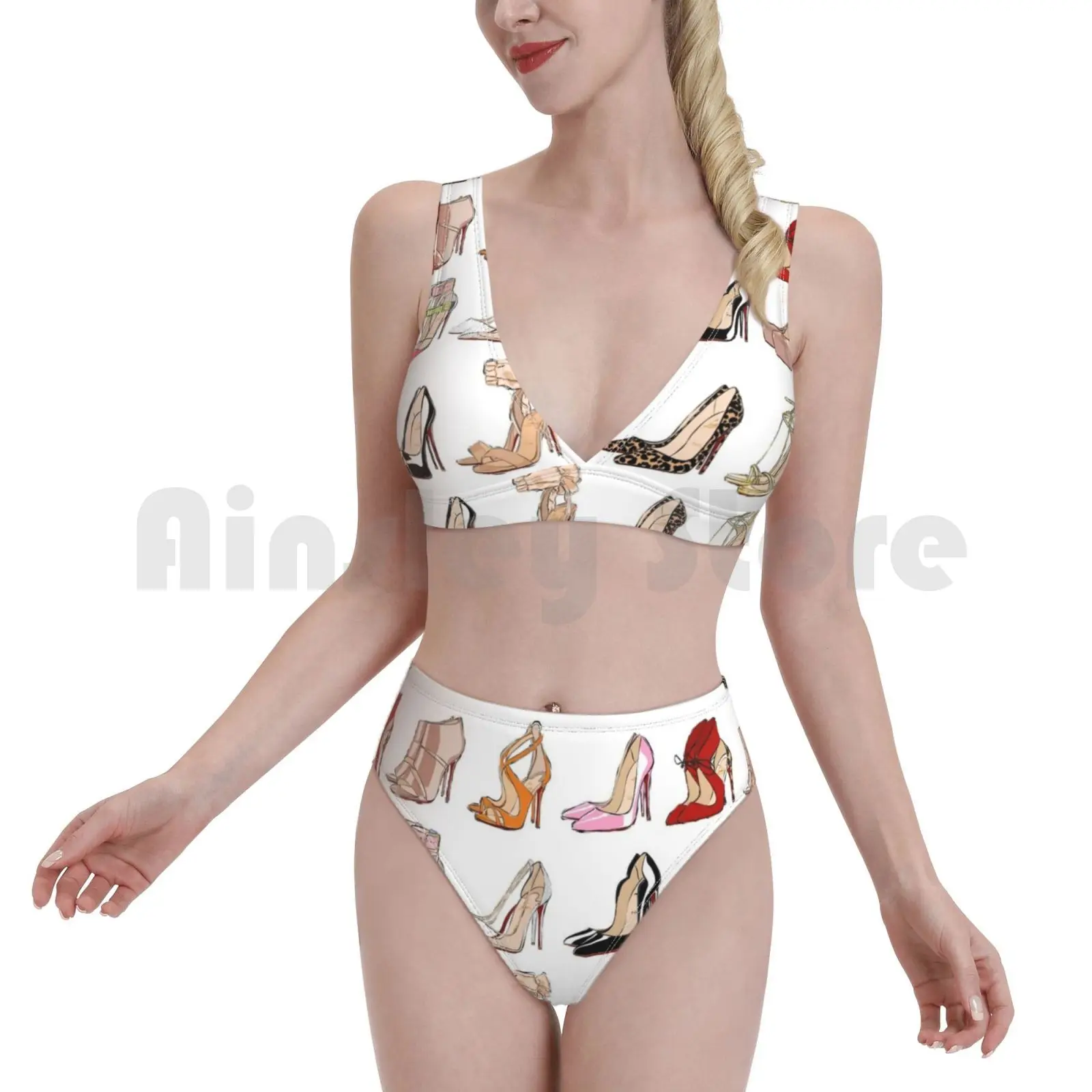 Купальник на каблуках бикини с подкладкой и высокой талией красные туфли лодочки