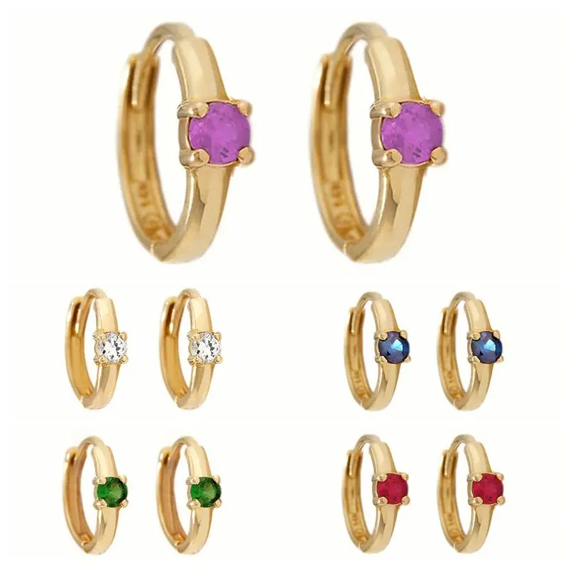 

925 Sterling Silver Ear Needle Round Zircon Hoop Earrings for Women White/Green/Blue/Red/Purple Mini Circle Earrings Jewelry