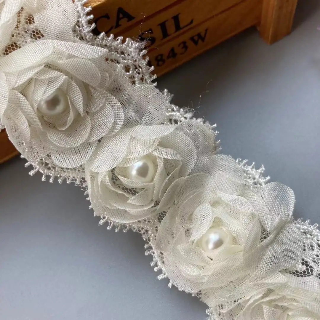 

2 Yard Ivory Pearl Soluble Flower Embroidered Lace Trim Ribbon Floral Applique Fabric Handmade Wedding Dress Sewing Craft New