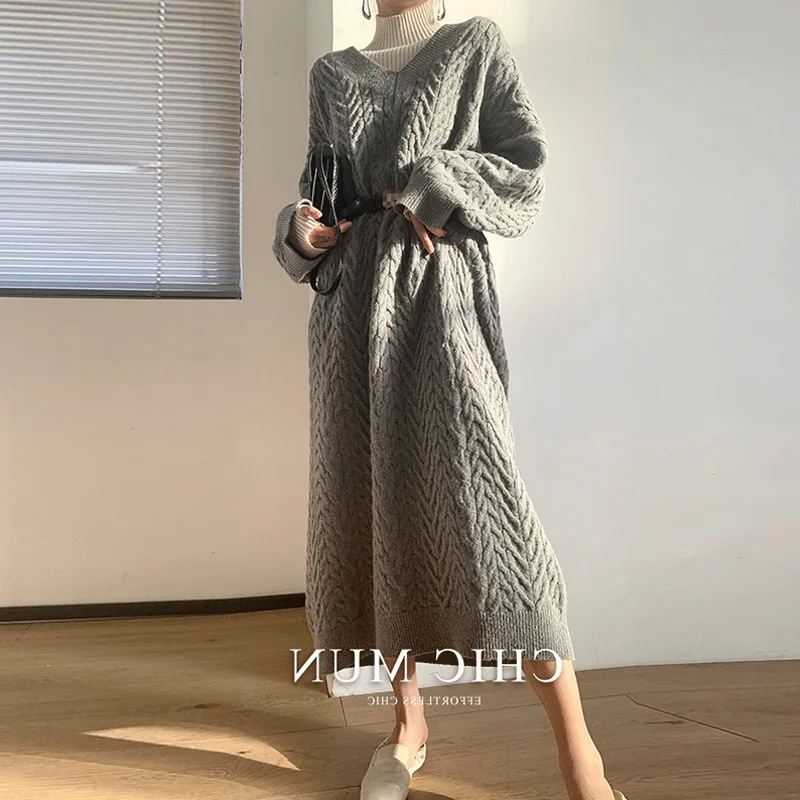 

Женское платье осень-зима, вязаное элегантное однотонное офисное повседневное свободное модное корейское платье с длинным рукавом и v-обра...