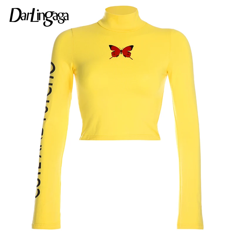 Yellow Darlingaga, повседневная хлопковая Футболка с воротником-стойкой, с принтом в виде бабочек и букв, кроп-топы, футболки, Harajuku, осенняя женская футболка с длинным рукавом - Color: Yellow