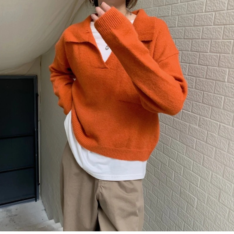 

Vintage Loose V-Neck Orange Pullover Women's Solid Long-Sleeved Lapel Casual Knit Top Autumn And Winter Korean Clothing