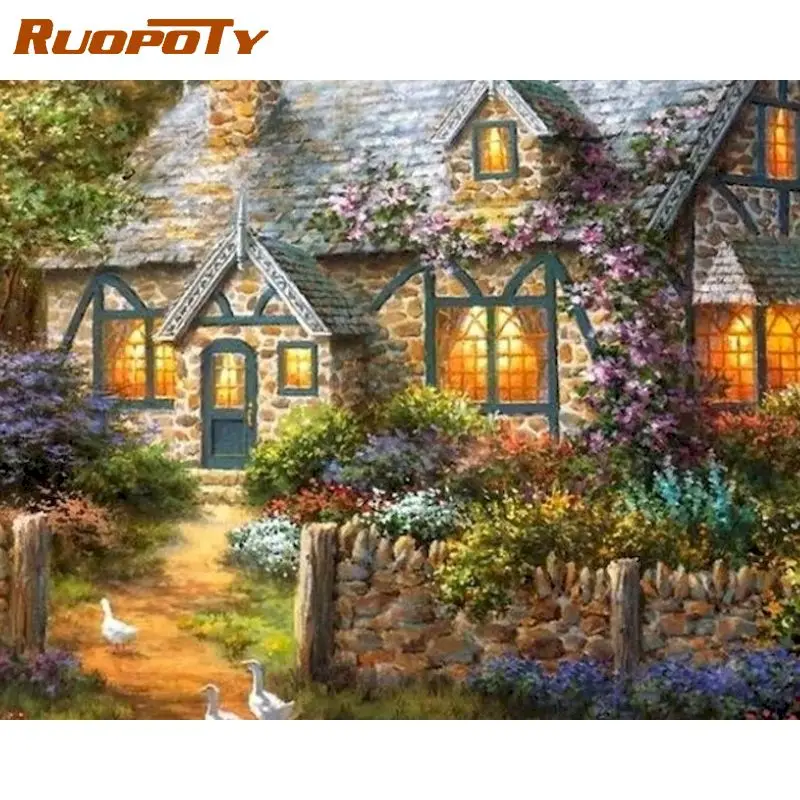 

RUOPOTY Frame Painting By Numbers Kits For Adults Children Handmade DIY Gift Mountain Village House Landscape Oil Picture Wall A