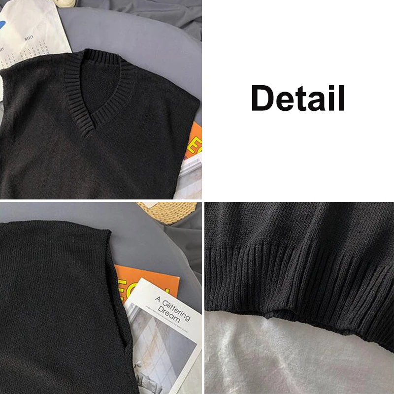

Men Sweater Vest Solid V-Neck Simple Design Knitted Males Leisure Chic Loose Trendy Student Street Outwear Warm Korean Style New