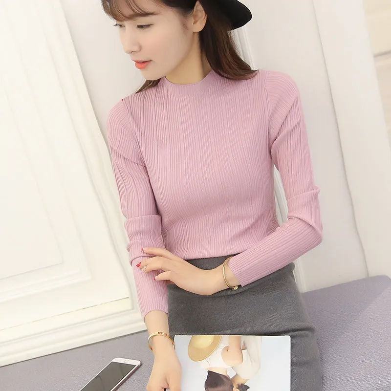 62810 light pink Женская однотонная трикотажная одежда с высоким воротником в Корейском стиле; сезон осень; Новинка; модные эластичные облегающие свитера с длинными рукавами; женские пуловеры; топы; 62810 - Цвет: 62810 light pink
