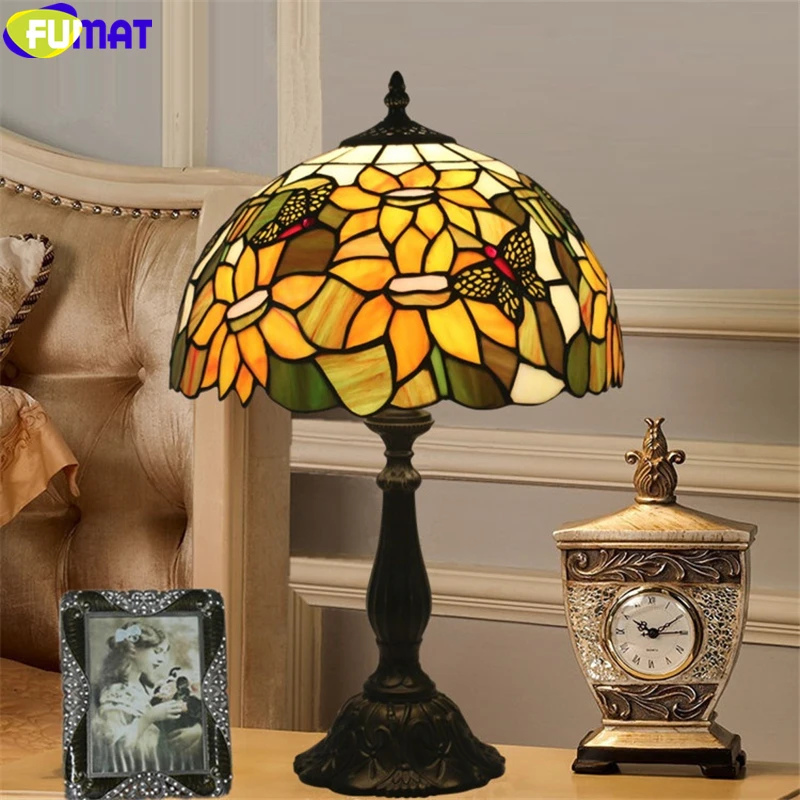 

FUMAT tiffany style table lamp yellow sunflower butterfly chrysanthemum lampshade 12 inch stained glass desk light handicraft