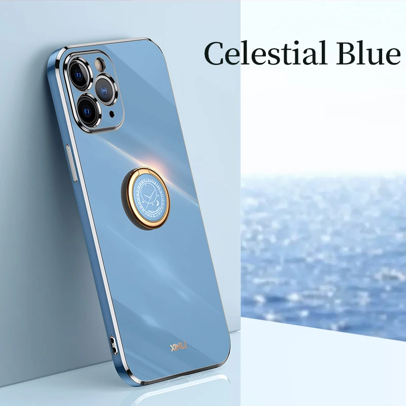 Plating Square Ring Holder Phone Case On For Iphone 11 12 Pro Max 12pro 11pro 8 7 6 S Plus 10 X Xr Luxury Silicone Stand Cover